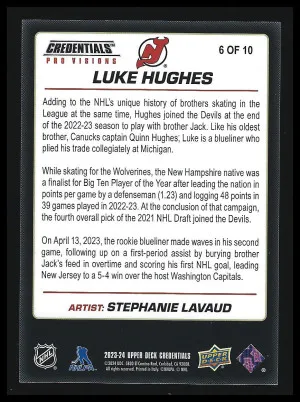 2023-24 Credentials Luke Hughes Pro Visions Rookie Card RC back