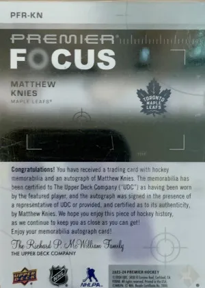 2023-2024 Matthew knies premier focus rookie patch auto /99 back