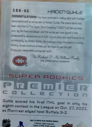 2022-2023 Premier Kaiden Guhle super rookie patch auto /99 back