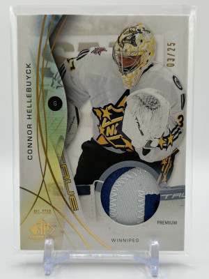 2024-25 SP Game Used Connor Hellebuyck #156 Gold Premium Patch /25 front