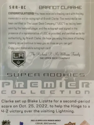 2022-2023 Brandt Clarke Premier Super Rookie Patch Auto /99 back