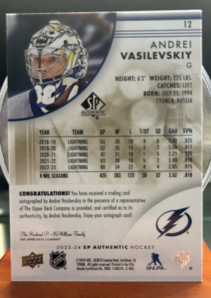 2023-24 SP Authentic - Andrei Vasilevskiy - Tampa Bay Lightning - AUTO back