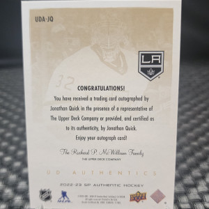 2022-23 SP Authentic Jonathan Quick UDA-JQ UD Authentics back