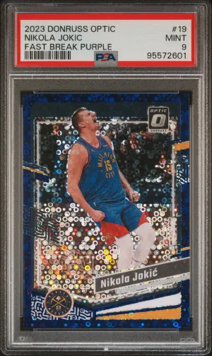 2023 Nikola Jokic Donruss Optic Fast Break Purple 75/99 PSA 9 front
