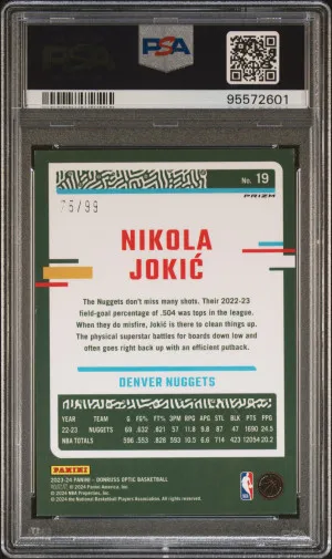 2023 Nikola Jokic Donruss Optic Fast Break Purple 75/99 PSA 9 back