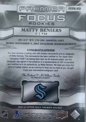 2022-2023 Premier Matty Beniers Premier Focus Rookie Patch Auto /99 back