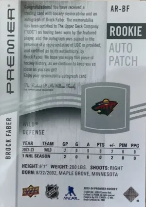 2023-2024 Brock Faber Premier Rookie Patch Auto /249 back