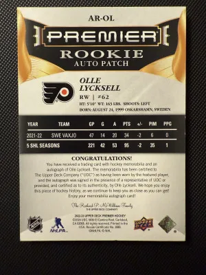 2022-23 PREMIER ACETATE ROOKIE AUTO PATCH LYCKSELL /249 back