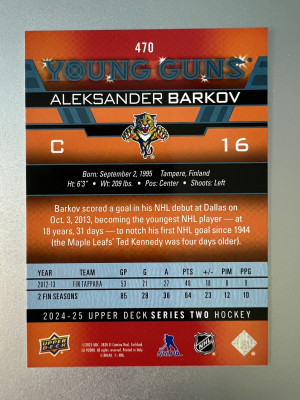 2024-25 Upper Deck Young Guns Series Two Aleksander Barkov Parallel/Variety back