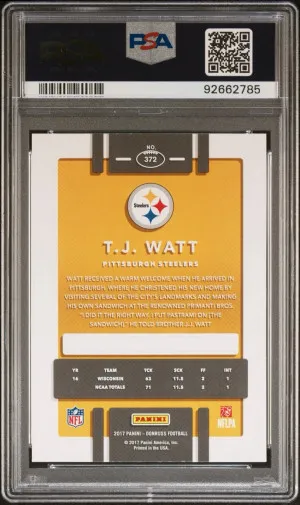 2017 Donruss TJ T.J. WATT Real Rookie Card RC #372 Pittsburgh Steelers - PSA 10 back