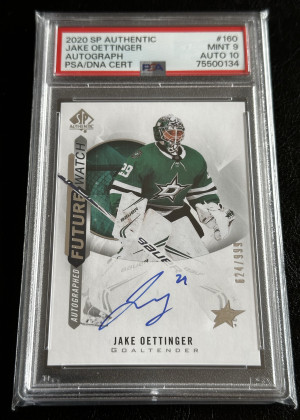 2020-21 SP Authentic Rookie Jake Oettinger Future Watch Auto RC /999 PSA 9 FWA front