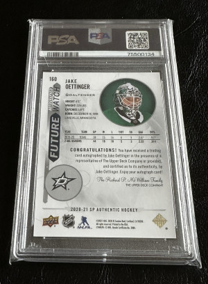 2020-21 SP Authentic Rookie Jake Oettinger Future Watch Auto RC /999 PSA 9 FWA back