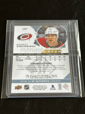 2018-19 SP Authentic Andrei Svechnikov Future Watch Auto RC /999 #187 back