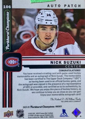 2022-2023 Parkhurst Champions Nick Suzuki Patch Suto /25 back