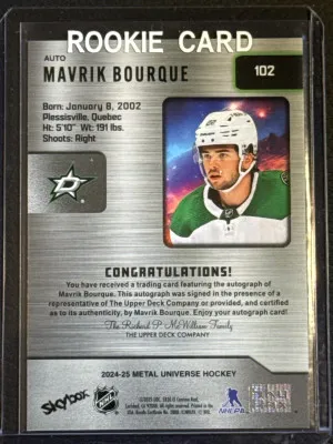 Mavrik Bourque 102 Rookie Base Auto 2024-25 Metal Universe Hockey back