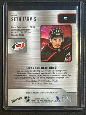 Seth Jarvis 12 Base Auto 2024-25 Metal Universe Hockey back
