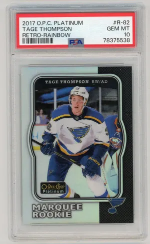 2017-18 O-Pee-Chee Platinum Tage Thompson Rookie Retro Rainbow PSA 10 Gem Mint front