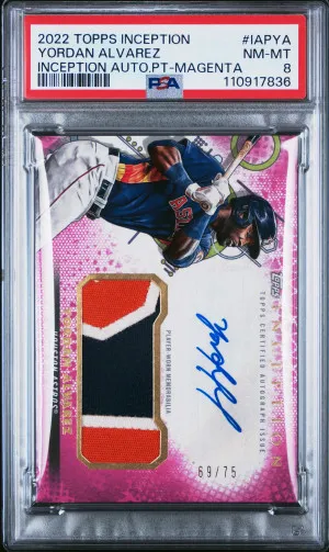 2022 Topps Inception Inception Autographed Patch Yordan Alvarez Inception Auto.pt-Magenta /75 PSA 8 front