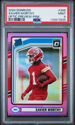 2024 Panini Donruss Xavier Worthy Optic Preview-Pink RC PSA 9 front