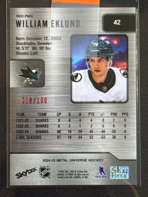 William Eklund 42 Precious Metal Gems Red #018/100 2024-25 Metal Universe Hockey back