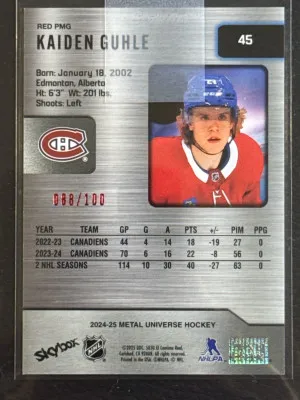 Kaiden Guhle 45 Precious Metal Gems Red #088/100 2024-25 Metal Universe Hockey PMG back