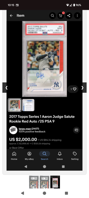 Aaron Judge 2017 Topps series 1 Rookie salute auto /25 SGC 10/10. Extremely rare insert . Only 25 exist. back