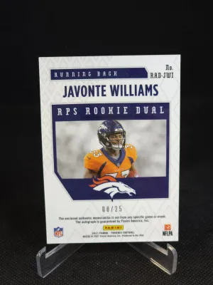 2021 Panini Phoenix Javonte Williams Dual Patch Auto Blue /25 #RAD-JWI back