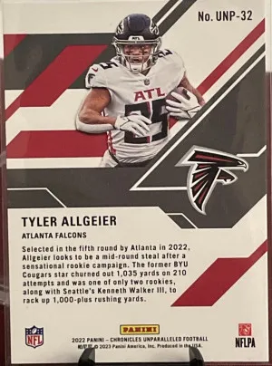 2022 Panini Chronicles Unparalleled Football UNP-32 Tyler Allgeier /399 Rookie back