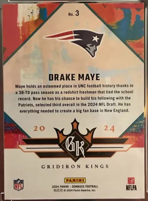 2024 Panini Donruss - Rookie Gridiron Kings #3 Drake Maye (RC) back