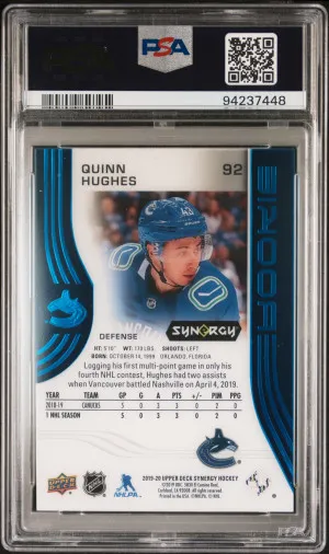 2019 Upper Deck Synergy Quinn Hughes Blue back