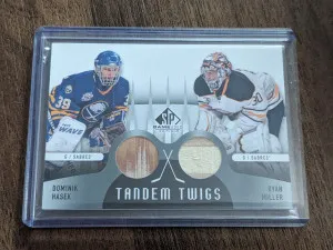 Dominik Hasek and Ryan Miller Tandem Twigs dual stick card sp game used front