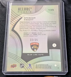 2021-22 Upper Deck Allure Hockey Spencer Knight Blue Line Rookie Auto /35 back