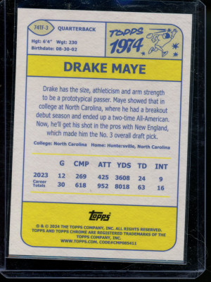 2024 Topps Chrome Drake Maye #74TF-3 Pink RC Football back