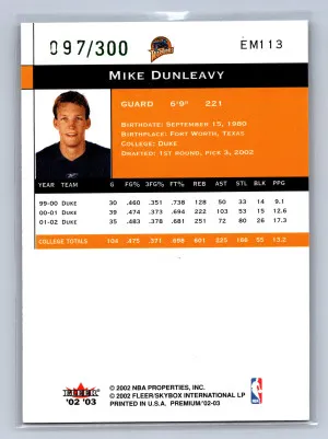 2002-03 Fleer Premium Prospects Mike Dunleavy Emerald /300 #EM113 back
