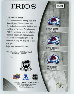 2020-21 The Cup #C3-BBK Bowen Byram Shane Bowers Martin Kaut Trios Jerseys 11/35 back