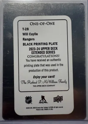 2023-24 UD Extended Will Cuylle Retro Young Guns Black Printing Plate 1/1 back