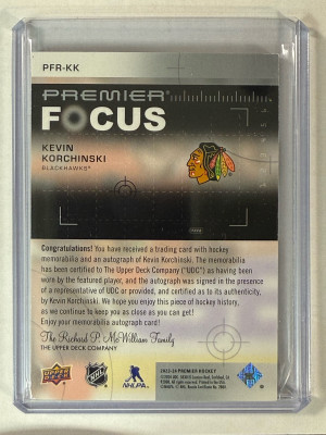 2023-24 Premier Kevin Korchinski Premier Focus Patch Auto #/175 back