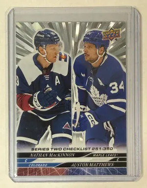 2024-25 UD Series 2 Nathan MacKinnon / Auston Matthews Silver Outburst Checklist front