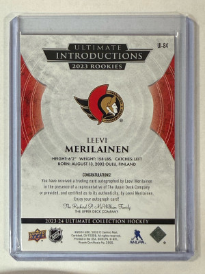 2023-24 Ultimate Leevi Merilainen Ultimate Introductions Rookie Auto back