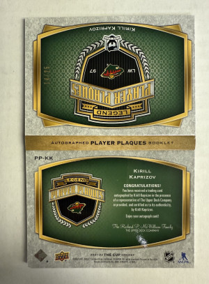 2021-22 The Cup Kirill Kaprizov Auto Player Plaque Booklet #/25 back