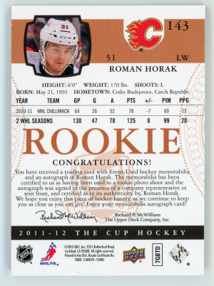 2011-12 The Cup #143 Roman Horak Gold Rainbow Rookie Auto Patch 15/51 back