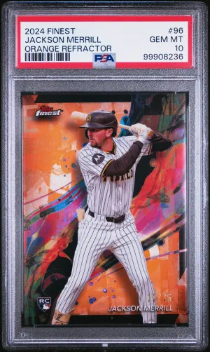 2024 Topps Finest JACKSON MERRILL Rookie Card RC ORANGE REFRACTOR #/25 - PSA 10 front