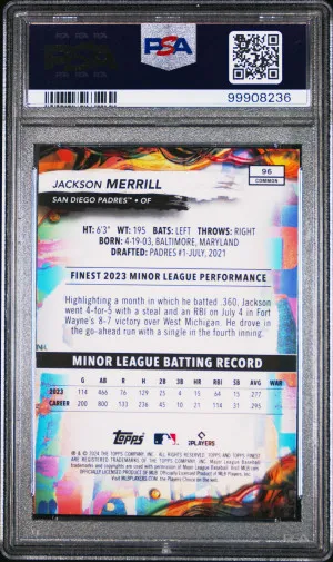 2024 Topps Finest JACKSON MERRILL Rookie Card RC ORANGE REFRACTOR #/25 - PSA 10 back