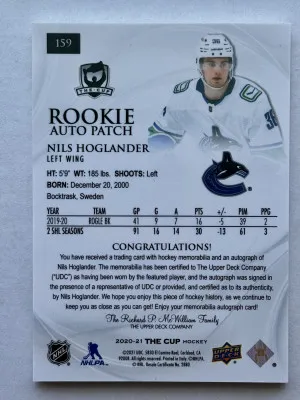 2020-21 The Cup Rookie Auto Patch Nils Höglander 201/249 back