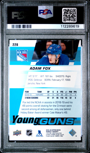 2019 Upper Deck Adam Fox Young Guns back