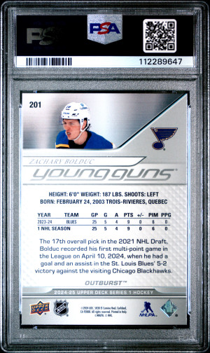 2024 Upper Deck Zachary Bolduc Outburst Young Guns Silver back