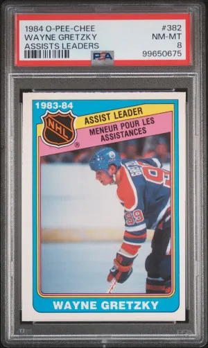 1984 O-Pee-Chee OPC #382 Wayne Gretzky 1983-84 Assist Leader PSA 8 NM-MT Oilers front