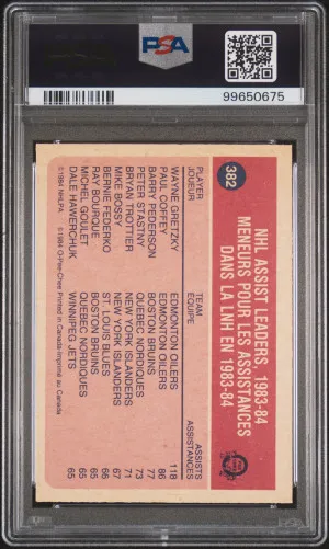 1984 O-Pee-Chee OPC #382 Wayne Gretzky 1983-84 Assist Leader PSA 8 NM-MT Oilers back