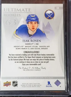 2023-24 ULTIMATE COLLECTION ROOKIES ROOKIE RC /599 PATCH ISAK ROSEN SABRES NHL! back