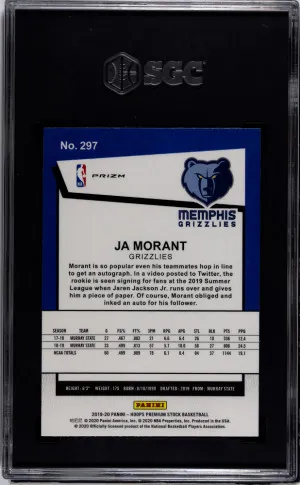 2019-20 Panini Hoops Ja Morant #297 Tribute Red Cracked Ice Prizm SGC 9.5 back